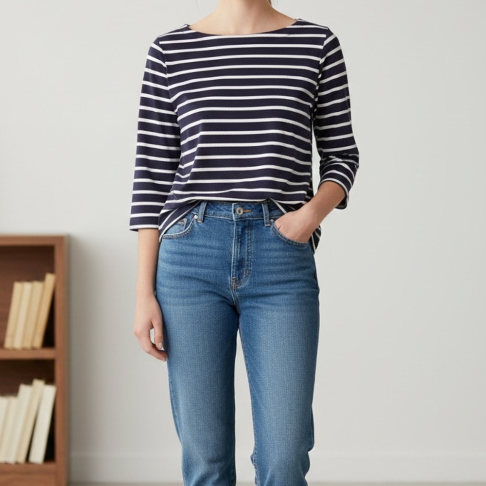 L.L.Bean Breton Navy Stripe Boatneck 3/4 Sleeve Tee SM Cotton Nautical